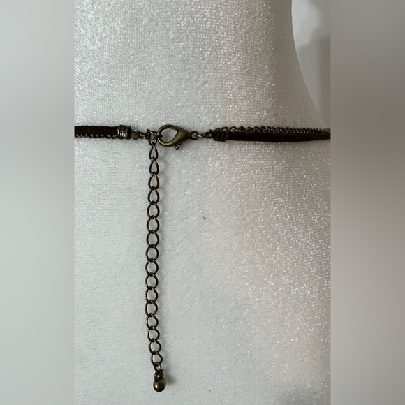 Brown Suede Cord & Chain Necklace Medallion Pendant gold tone enamel fall witchy - Picture 4 of 5